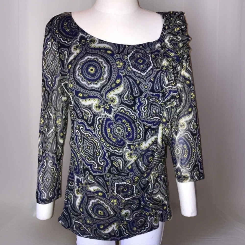 INC Blue Yellow Gray White Side Ruffle Front Boho Blouse Top NWOT